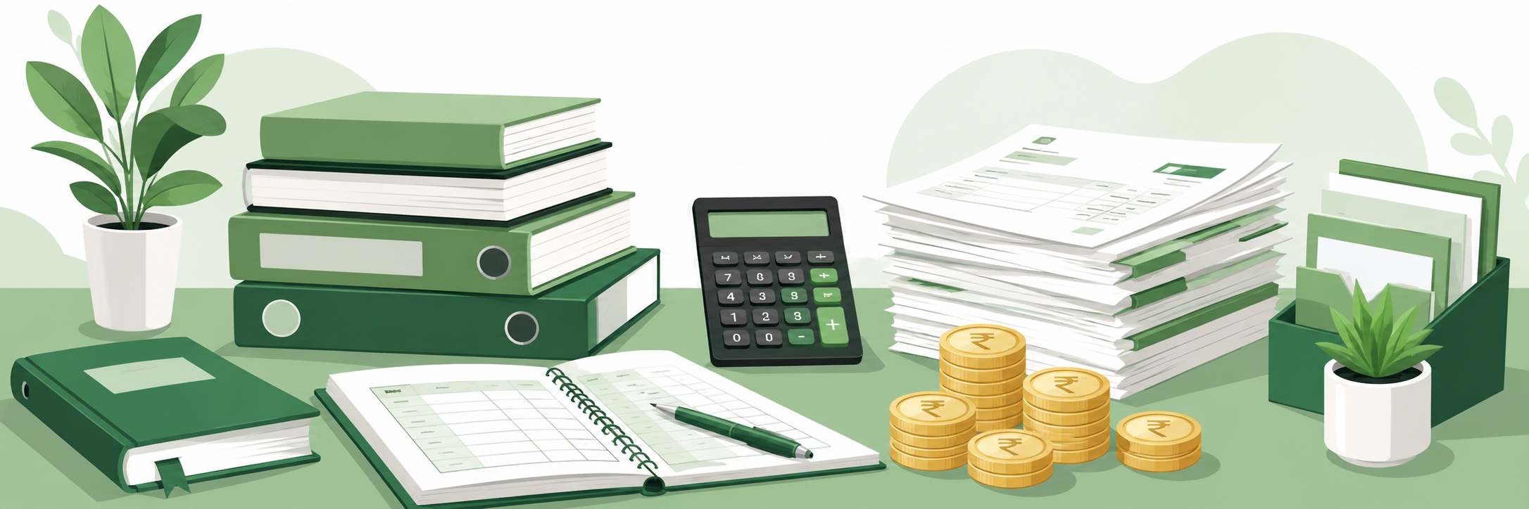 Ek businessman laptop ke saath accounts dekh raha hai, paas mein files, calculator aur rupaye ke sikke rakhe hain — accounting aur financial management ka professional scene