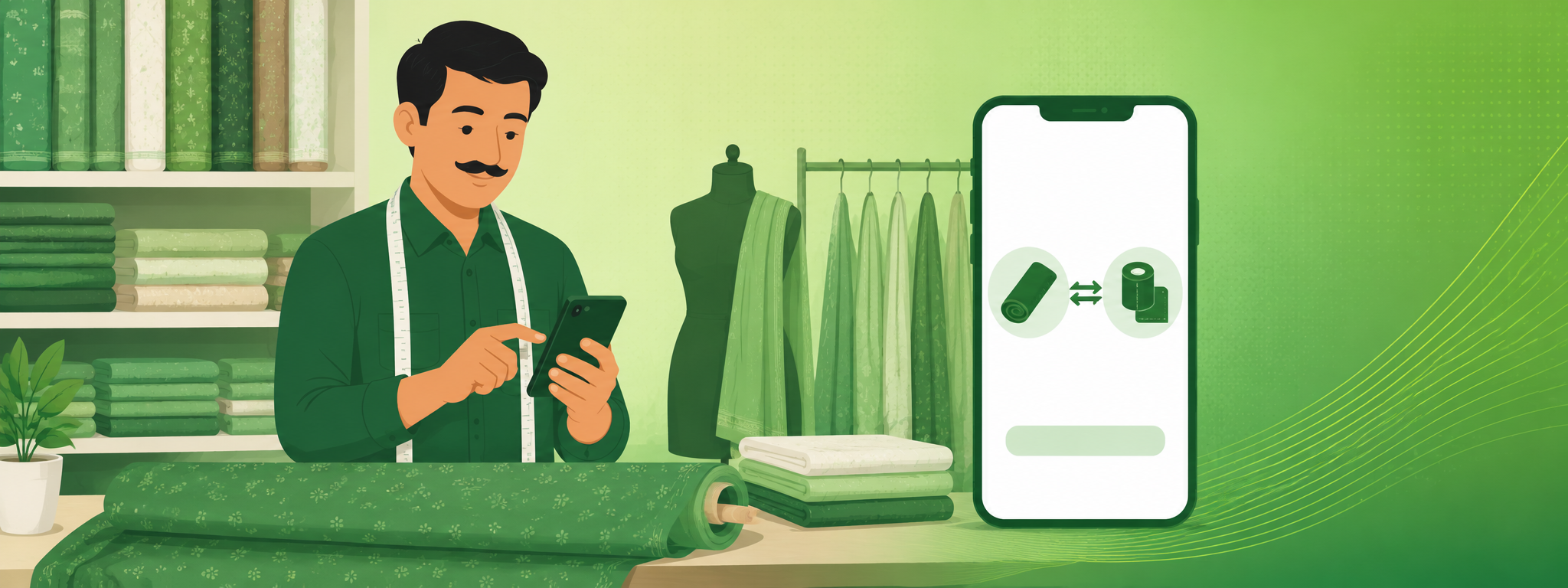 Kirana dukandaar phone par unit converter app use karta hua — tarazu, measuring tape aur thermometer ke saath wajan, lambai aur temperature convert ho rahe hain