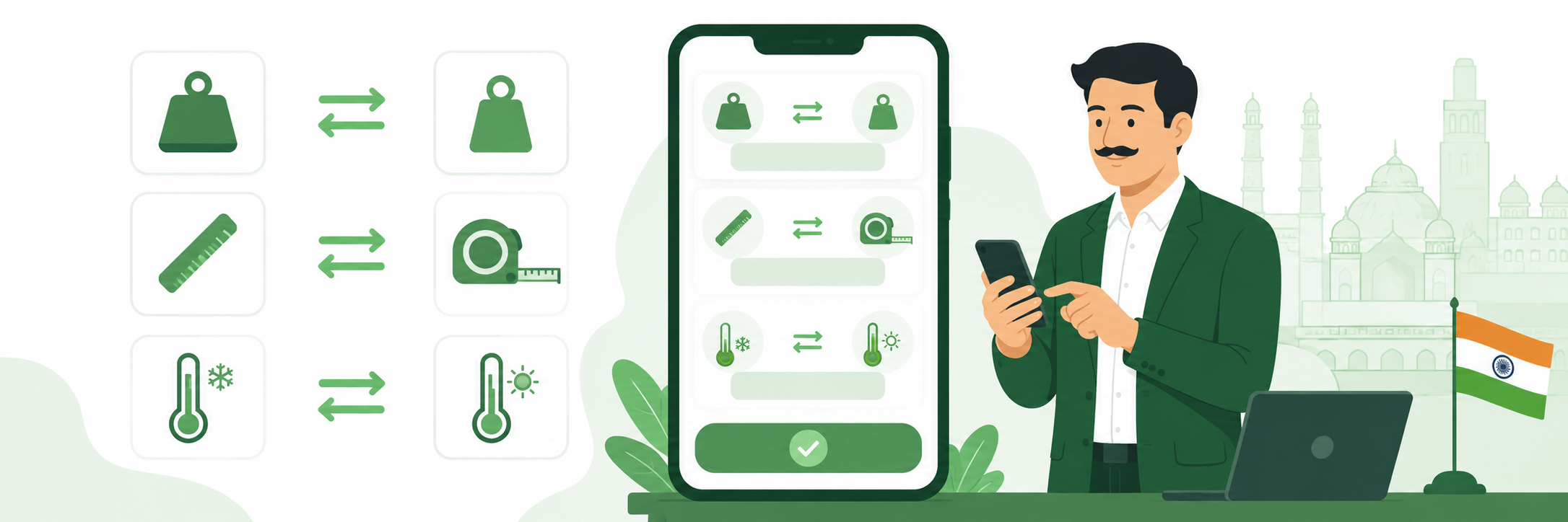 Kirana dukaan ka malik phone pe unit converter app use kar raha hai — paas mein weighing scale, tape measure aur thermometer rakhe hain jo alag alag measurements convert karte hain