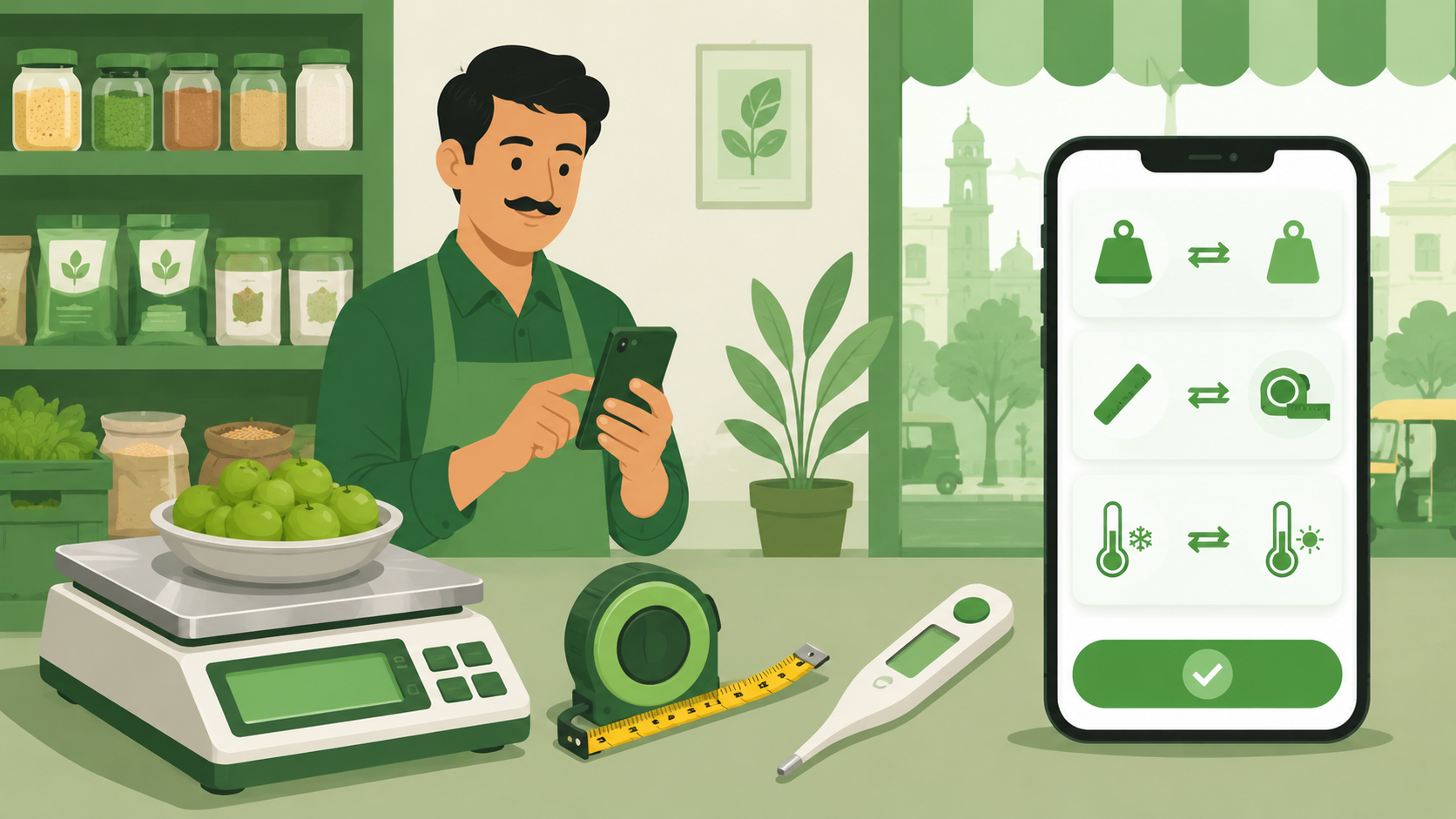Shopkeeper customer ko invoice de raha hai — dono ke beech handshake ka icon, saath mein growth chart aur trust ke symbols jo regular customer relationship dikhate hain