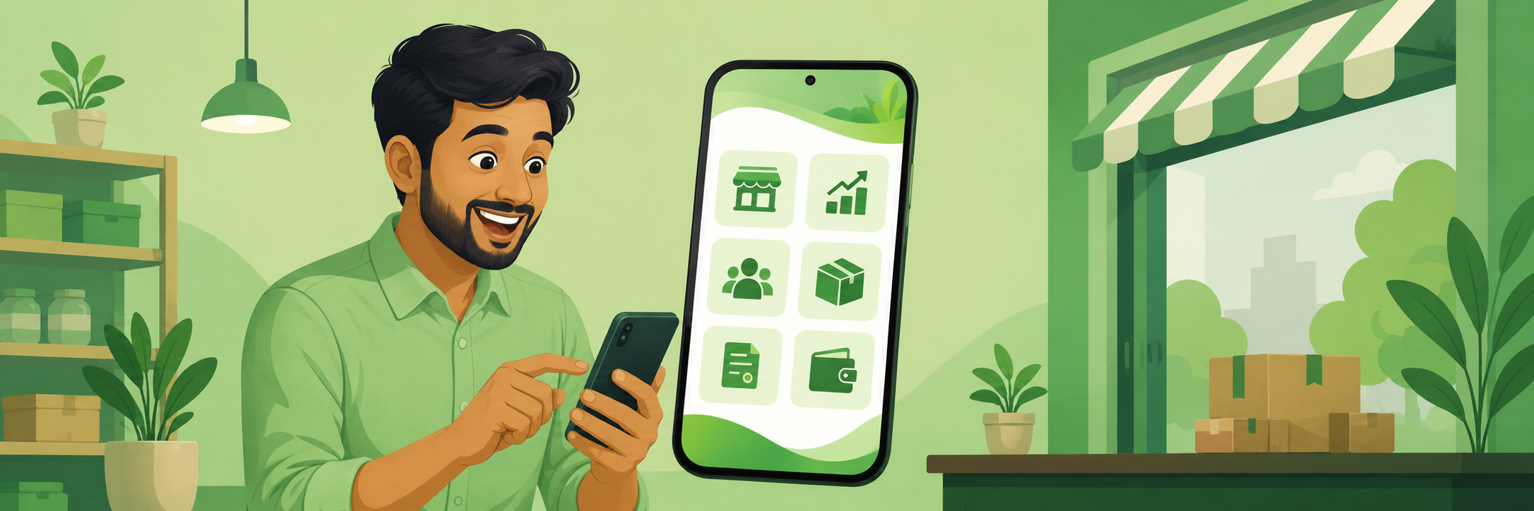 Ek chhote business owner ke saath rocket launch ho raha hai aur uske aas paas shopping cart, growth chart, megaphone, wallet aur team ke icons dikh rahe hain