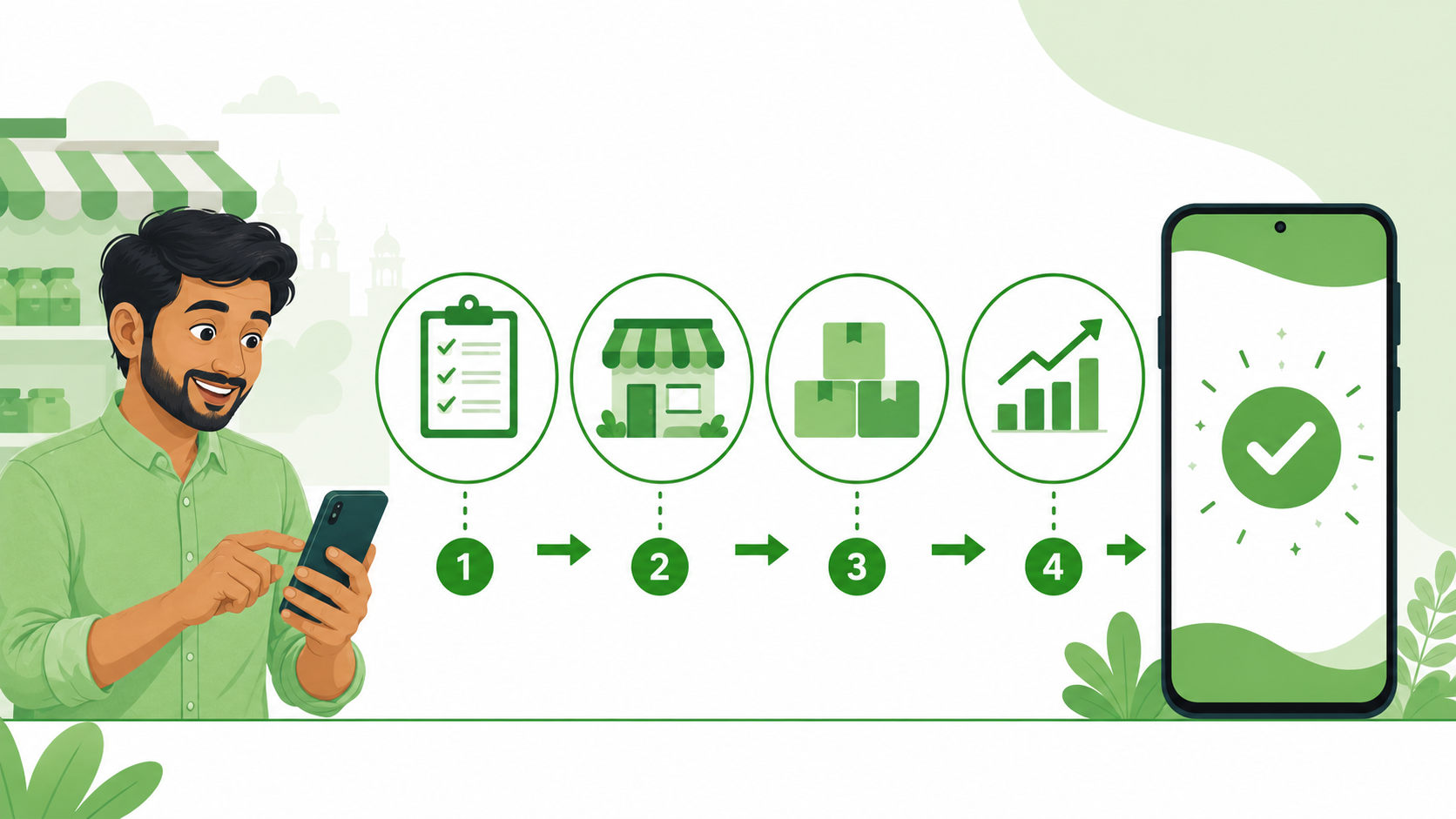 Vyapari phone use karta hua checklist, dukaan, stock boxes aur growth chart ke 4 steps follow kar raha hai aur final step pe green checkmark dikhta hai