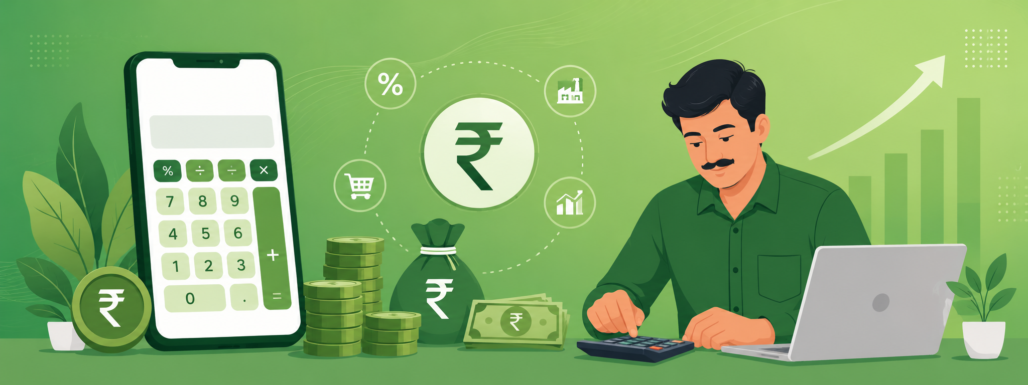 India ka Ashok Chakra logo aur GST ke 5%, 12%, 18%, 28% rate circles ke saath ek vyapari laptop par kaam kar raha hai