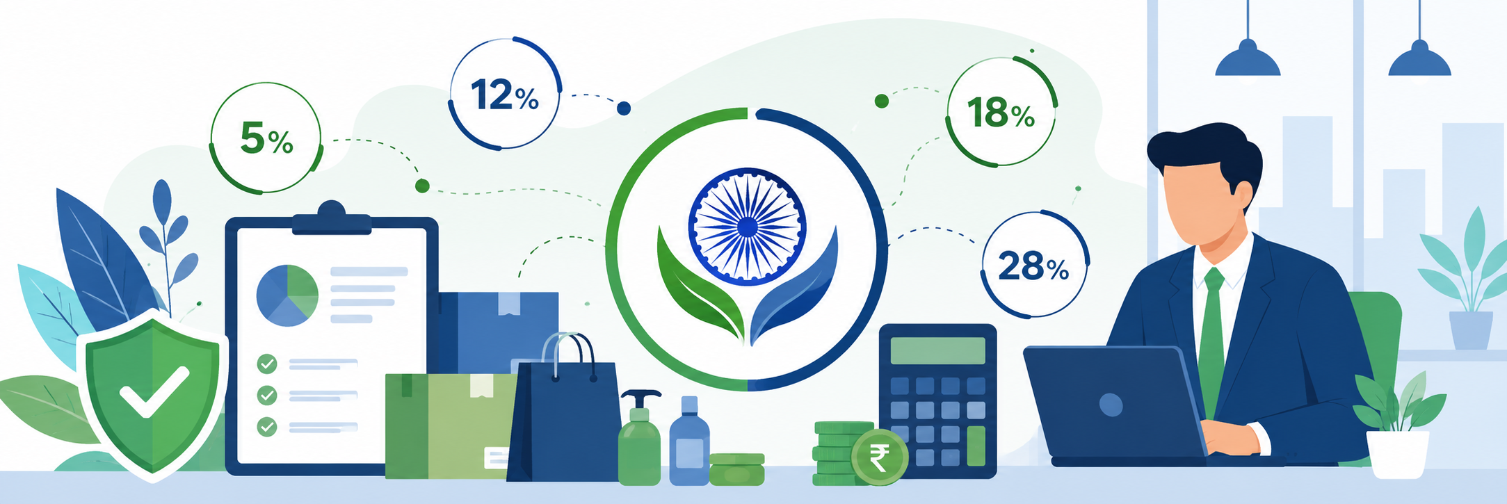 Ek vyapari calculator aur laptop se GST calculate kar raha hai, saath mein rupaye ke sikke, note aur rupee symbol dikh rahe hain