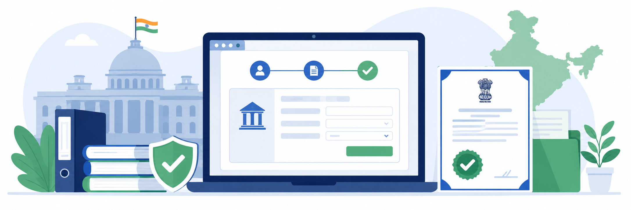 Ek chhote dukandaar ko GST registration certificate diya ja raha hai — peeche dukaan aur upar growth chart dikh raha hai, sarkari building aur checklist icons ke saath
