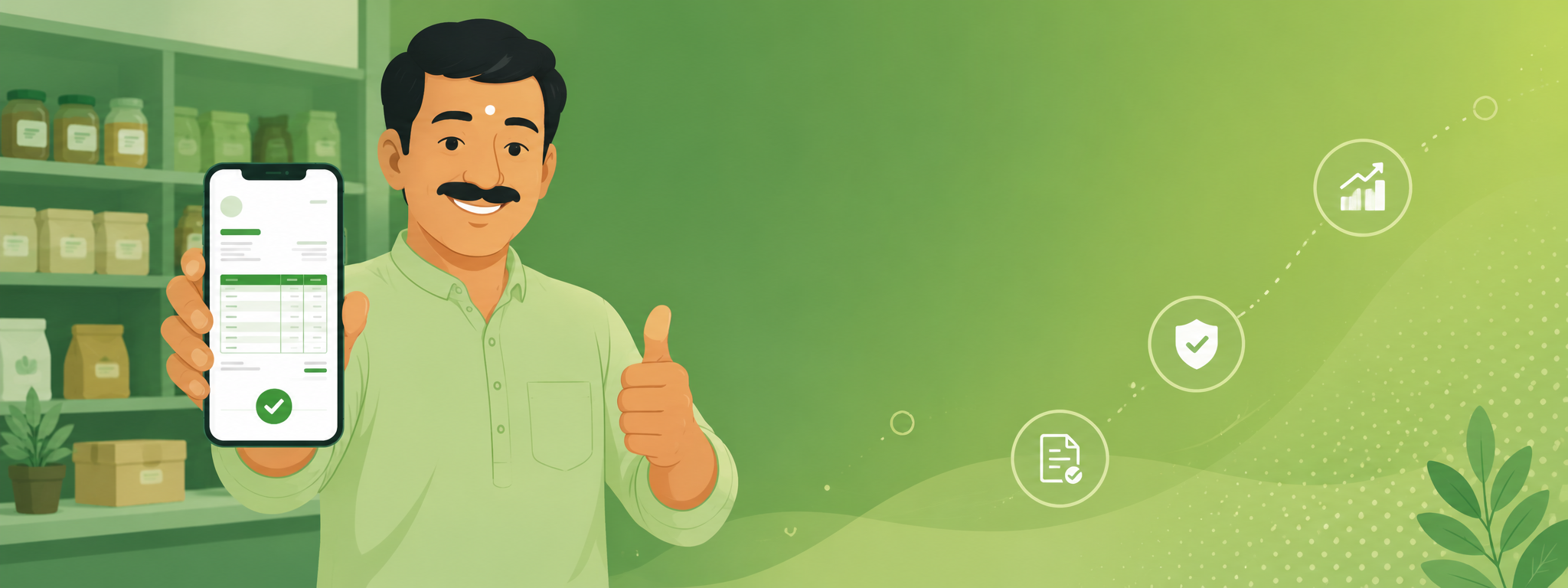 Khush dukandaar phone par JENTI Tools se bana hua GST invoice dikha raha hai, saath mein compliance aur growth ke icons