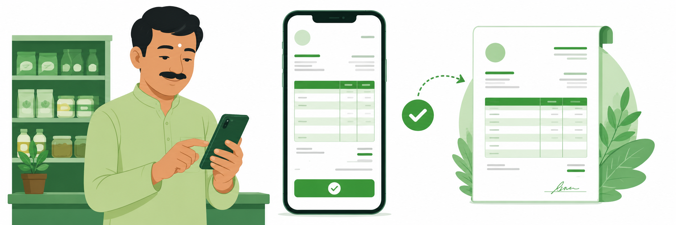Ek dukandaar phone se GST invoice bana raha hai aur professional invoice PDF generate ho rahi hai