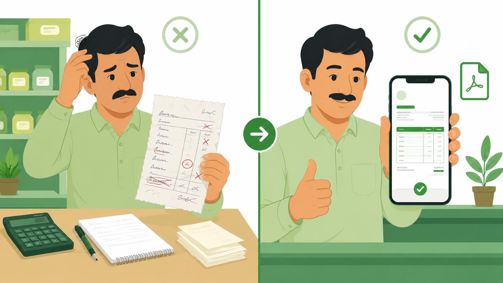 Haath se likha galat invoice versus phone par bana huaa sahi digital GST invoice ka tulna