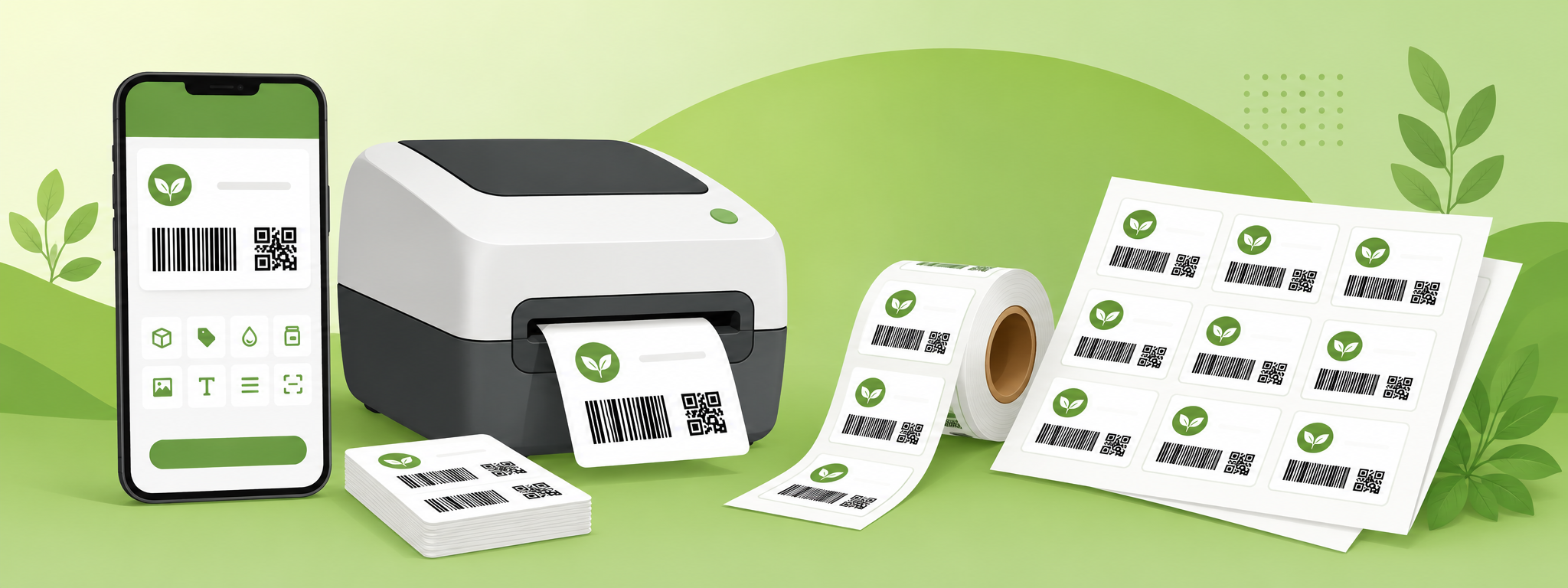 Teen size ke product labels — chhoti bottle ke liye S, masale ke pouch ke liye M, aur bade box ke liye L — barcode aur QR code ke saath