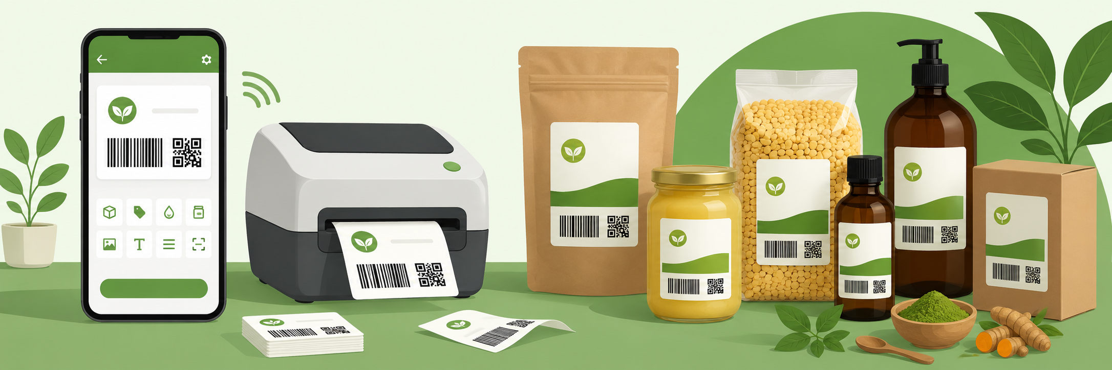 Phone par label generator app, thermal printer se barcode aur QR code wale labels print ho rahe hain aur sticker sheet par tayaar labels dikh rahe hain