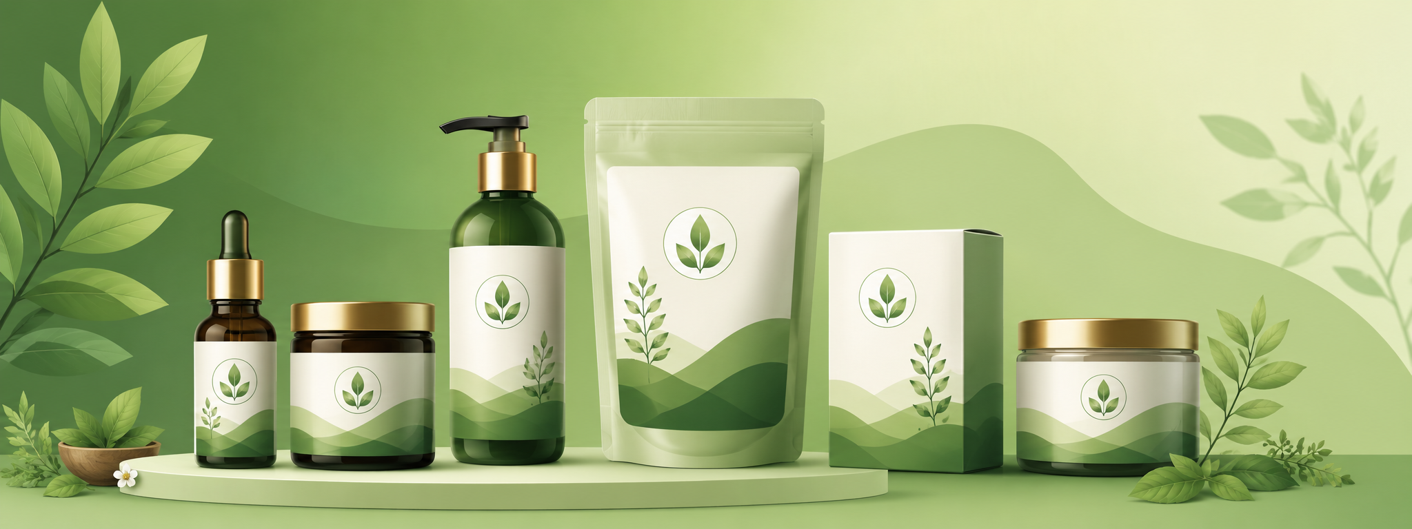 Alag alag packaging materials — boxes, pouches, bottles, bags — sabpar professional green leaf brand labels lage hue hain, ek complete branded product line ki tarah