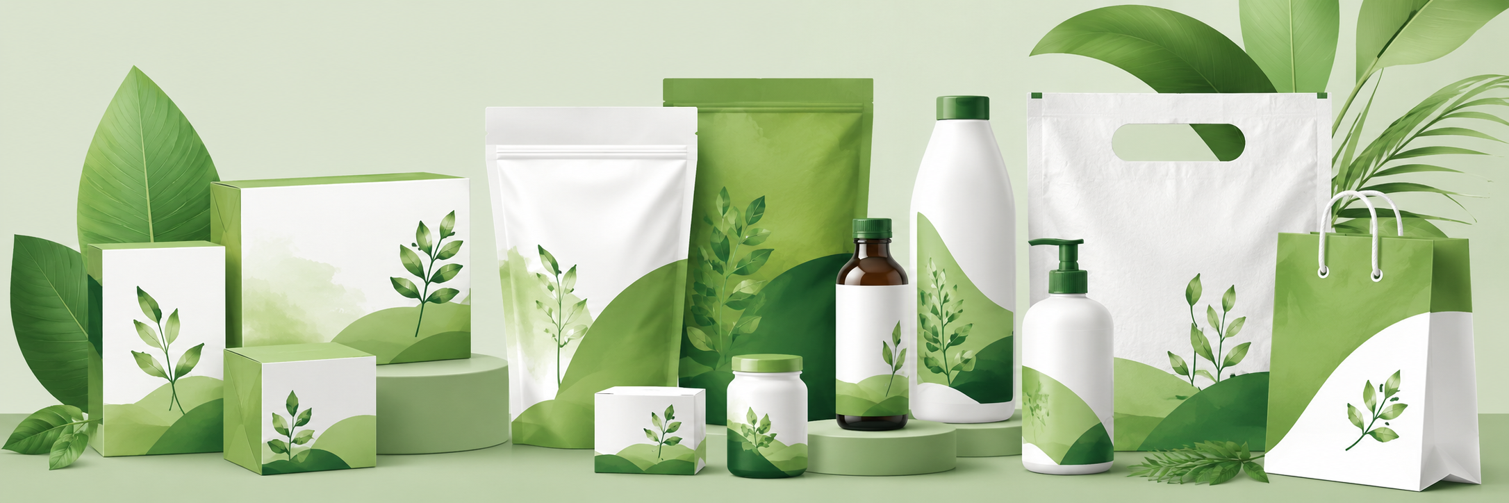 Alag alag products ke liye professional packaging — dropper bottle, pump bottle, zipper pouch, karton box aur cream jar — sab par green leaf brand label laga hua hai
