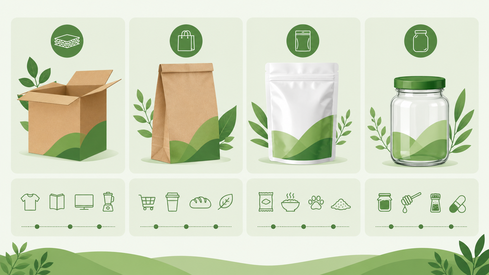 Char tarah ki packaging ka comparison — corrugated box, kraft paper bag, zipper pouch aur glass jar — har ek ke neeche us packaging ke liye suitable products ke icons dikh rahe hain