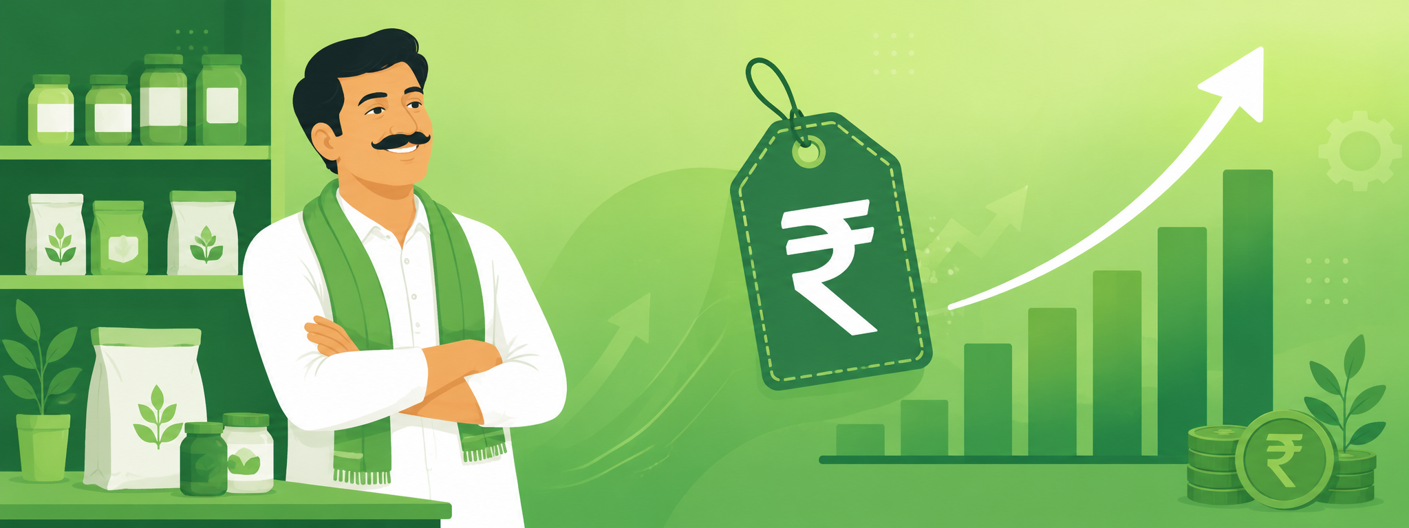Product cost aur margin ka formula — basket mein products ki lagat, plus profit ke sikke, barabar sahi selling price pe products — price setting ka visual formula
