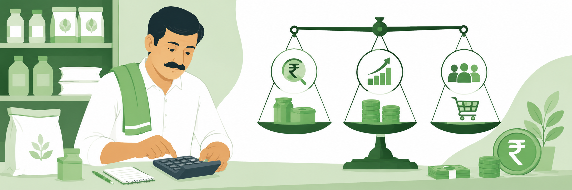 Ek khush dukandaar apni dukaan ke saamne khada hai — paas mein rupee price tag aur upar growth chart dikh raha hai jo sahi pricing se business growth dikhata hai