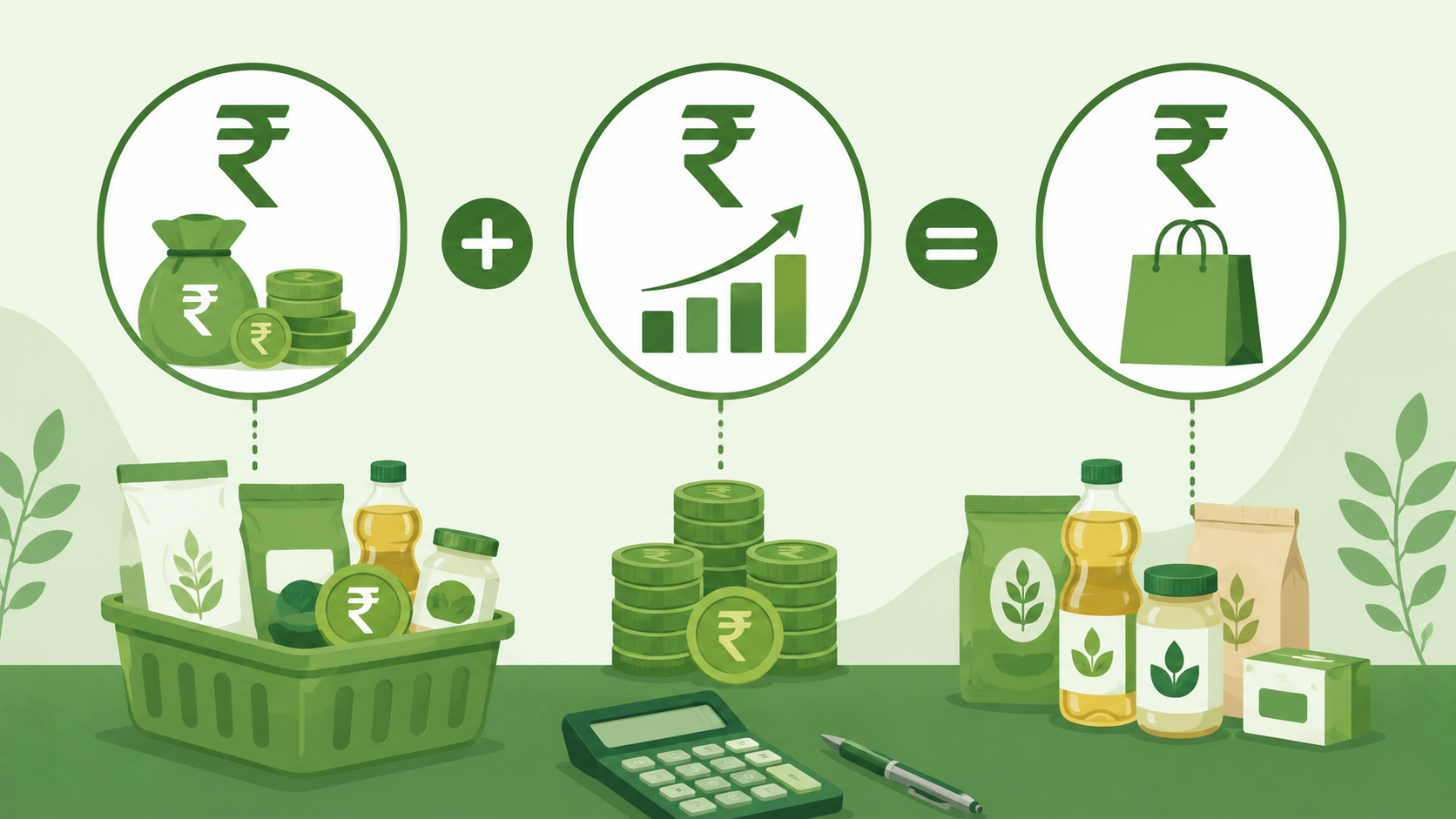 Dukandaar calculator se product ki sahi price nikal raha hai — tarazu par rupee, growth chart aur customers ke icons se cost, margin aur competition ka balance dikh raha hai