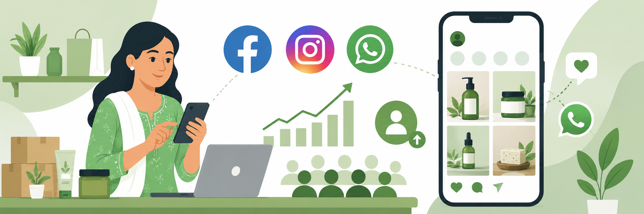 Ek Indian businesswoman phone aur laptop ke saath apne business ke liye Facebook, Instagram aur WhatsApp pe social media marketing karti hui — saath mein growing followers graph aur product photos