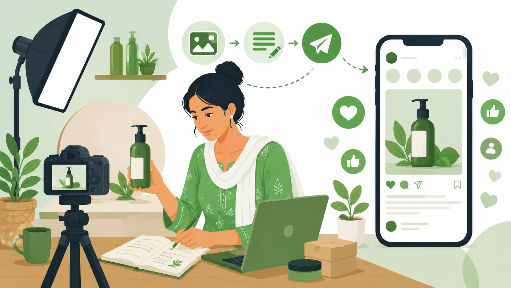Indian businesswoman camera ke saamne apna product dikhate hue content bana rahi hai — laptop, notebook aur phone pe Instagram post schedule ho raha hai, likes aur comments aa rahe hain