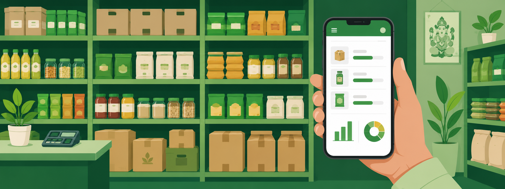 Kirana store ki bhari hui shelves ke saamne haath mein phone jisme digital inventory list, bar chart aur pie chart dikh rahe hain
