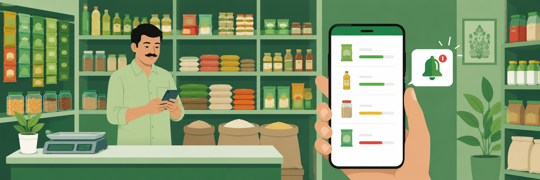 Kirana dukaan mein dukandaar haath mein phone pakde inventory app dekh raha hai jisme stock levels aur low stock alert notification dikh rahi hai