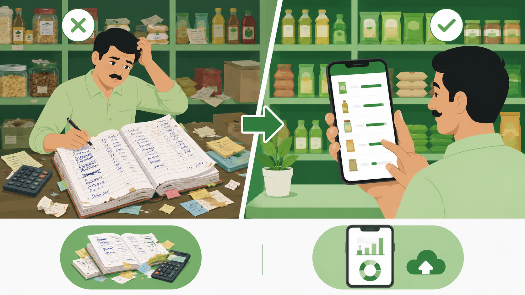 Notebook mein haath se likha purana stock record aur digital phone app mein saaf inventory — notebook se digital ki taraf jaane ka fark dikhata comparison