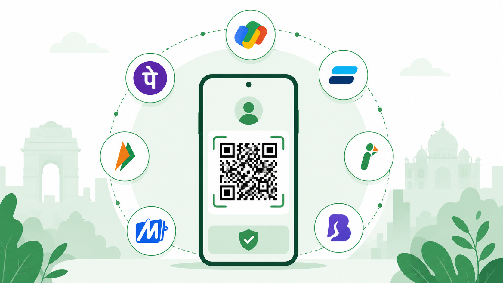 Customer dukaan par QR code scan karta hai — payment ka step-by-step process: QR scan, payment confirm, checkmark, aur dukandaar ko notification milti hai