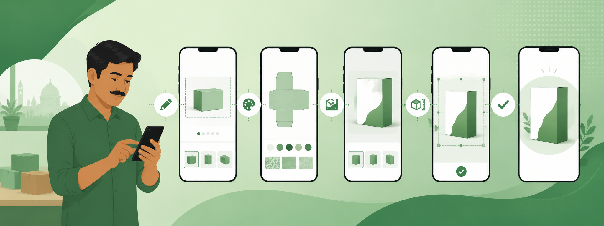 Galat size ke waste hue labels aur bottle — versus phone par pehle size check karke sahi label bottle par laga hua: visualizer se paper waste bachta hai