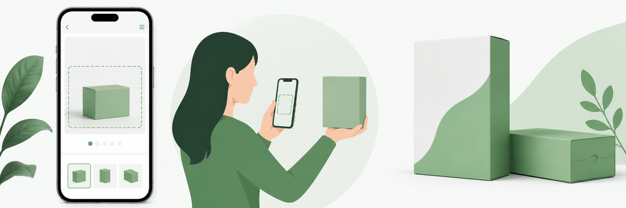 Vyapari phone par packaging design kar raha hai — paanch phone screens mein box ka 3D visualizer step by step dikhaaya gaya hai design se final packaging tak