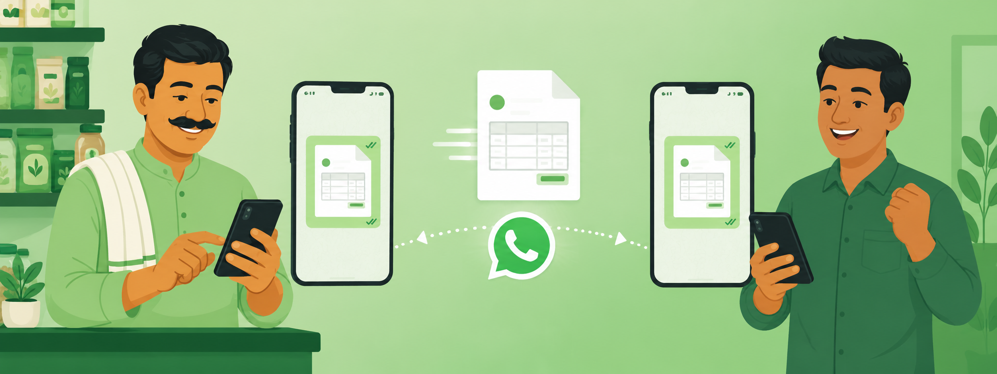 Dukandaar WhatsApp Business app par catalog, auto-reply aur broadcast list ke features use kar raha hai — phone screen par WhatsApp Business icon aur chat dikh raha hai