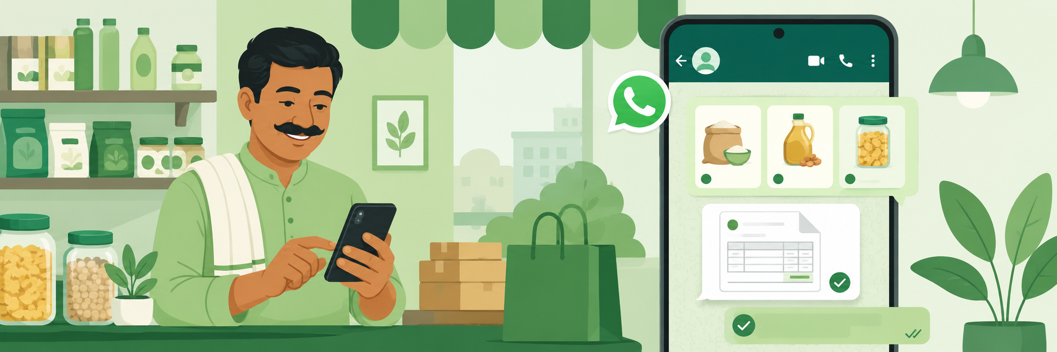 Dukandaar WhatsApp se customer ko invoice PDF bhej raha hai — beech mein WhatsApp logo aur invoice document uda ja raha hai, customer khush hokar thumbs up kar raha hai