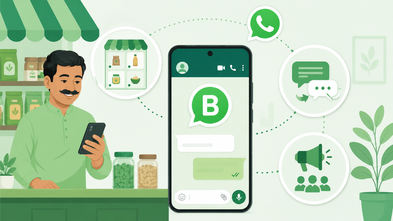 Kirana dukandaar phone par WhatsApp Business catalog use kar raha hai — screen par atta, tel aur dal ke products aur invoice preview dikh raha hai